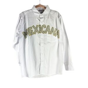 Button Down Shirt White Long Sleeve Mexicana Hand Painted Metallic New Sz M